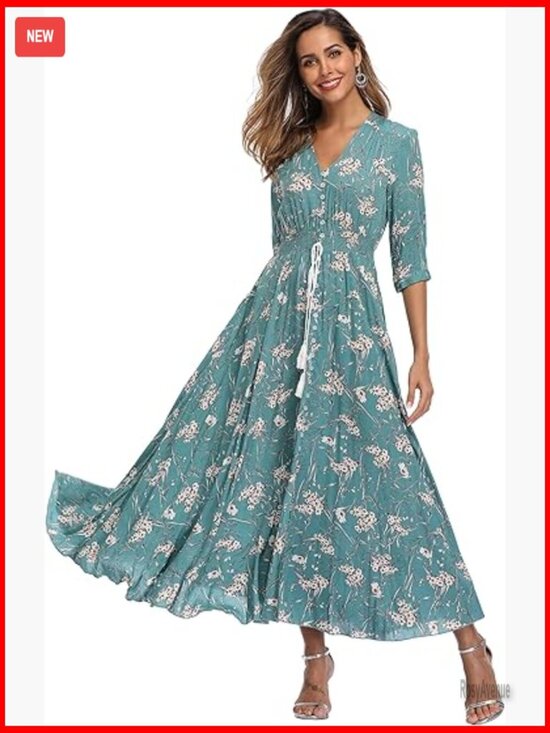 Dresses & Skirts - Floral Maxi Dress with Sleeves, Boho Beach Dress, Lightweight Rayon